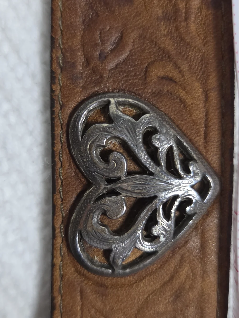 Vintage Justin Tooled Leather Belt Silver Heart Concho Tip Western Size 32